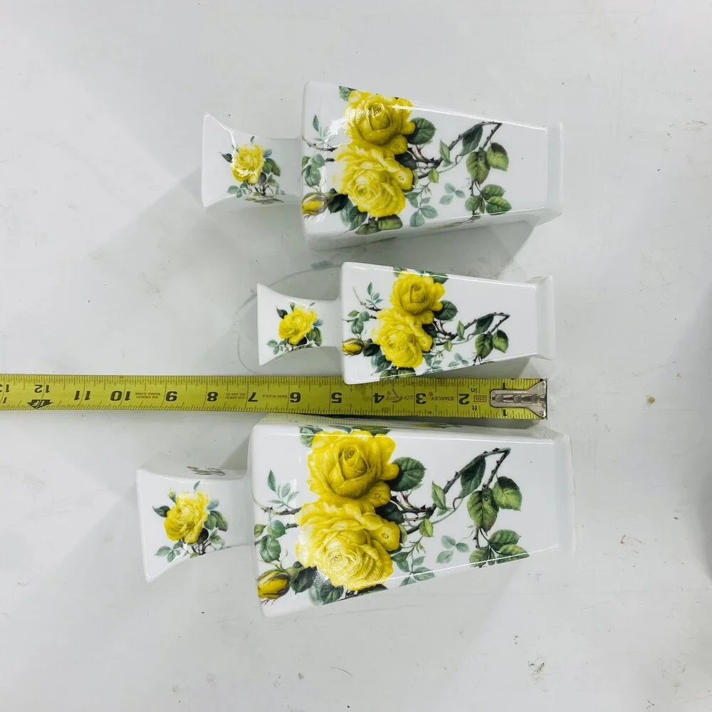 Vintage Godinger 3 Pc Vase Set Yellow Rose Cottage Core Practical Magic W/ Box